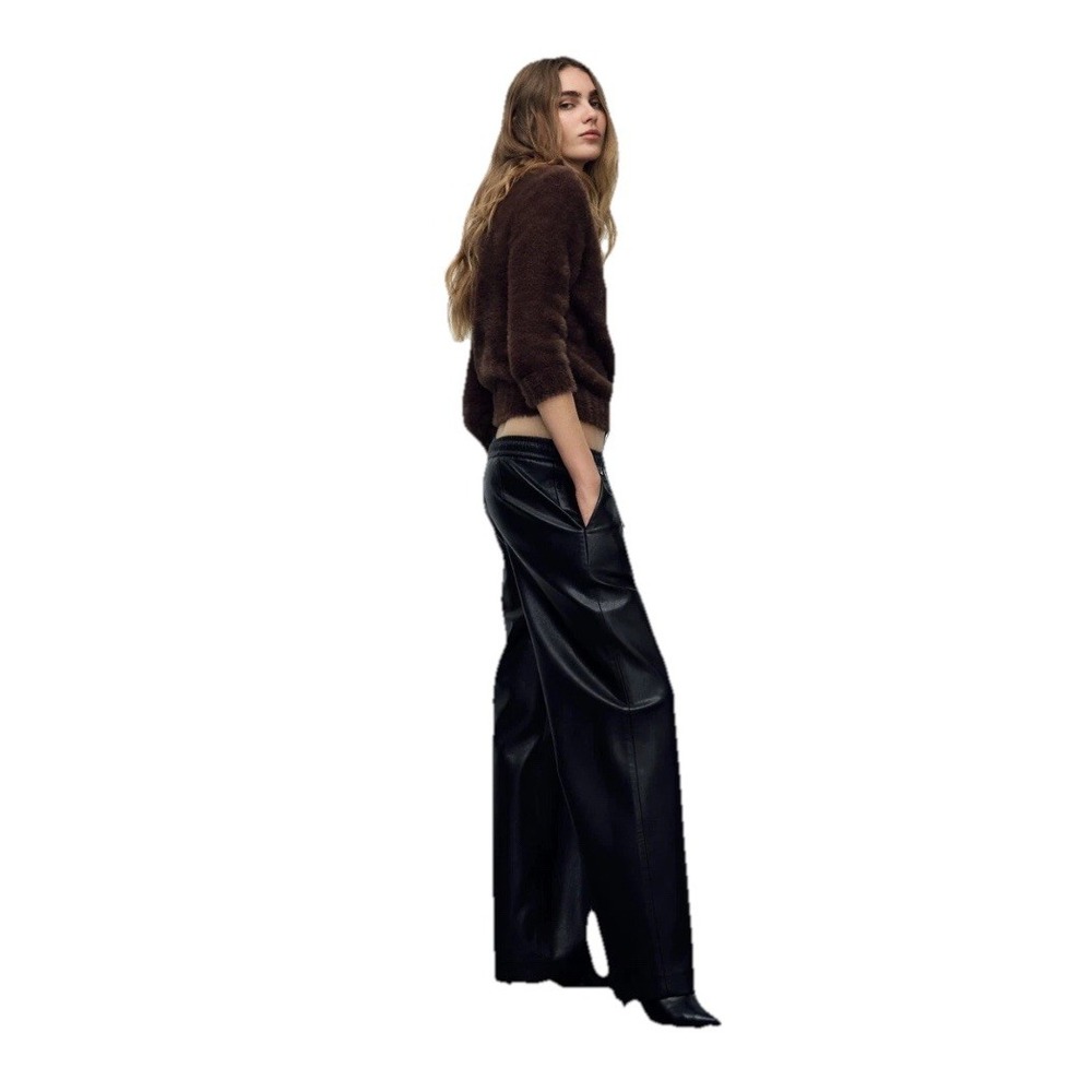 Zara Women Faux Leather Pants XL Black‎ Straight Elastic Waist